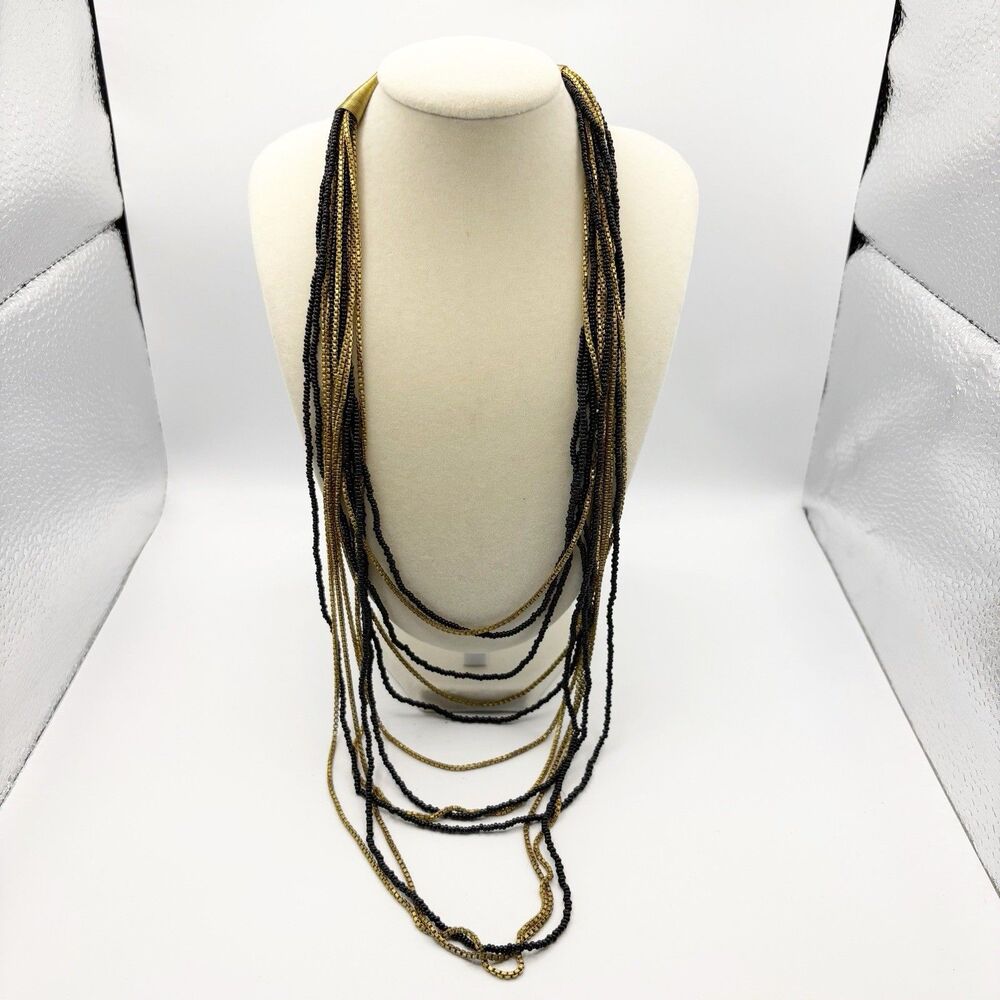 Multistrand Layered Boho Goth Steampunk Seed Bead Gold Tone Box Chain Necklace